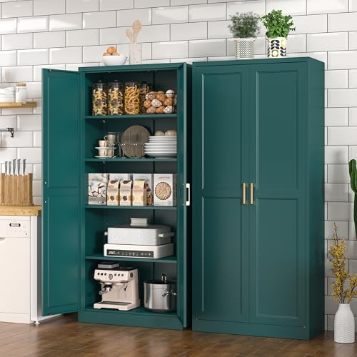 Tall Kitchen Storage Cabinet with Doors and Adjustable Shelves, Black Freestanding Cupboard X34021