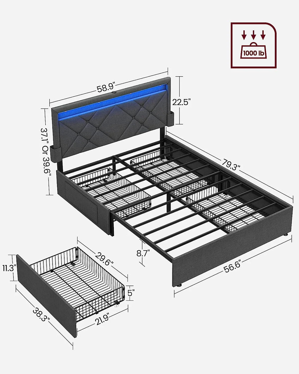 Full Size LED Bed Frame with Headboard and 4 Drawers Storage, Gray N72954