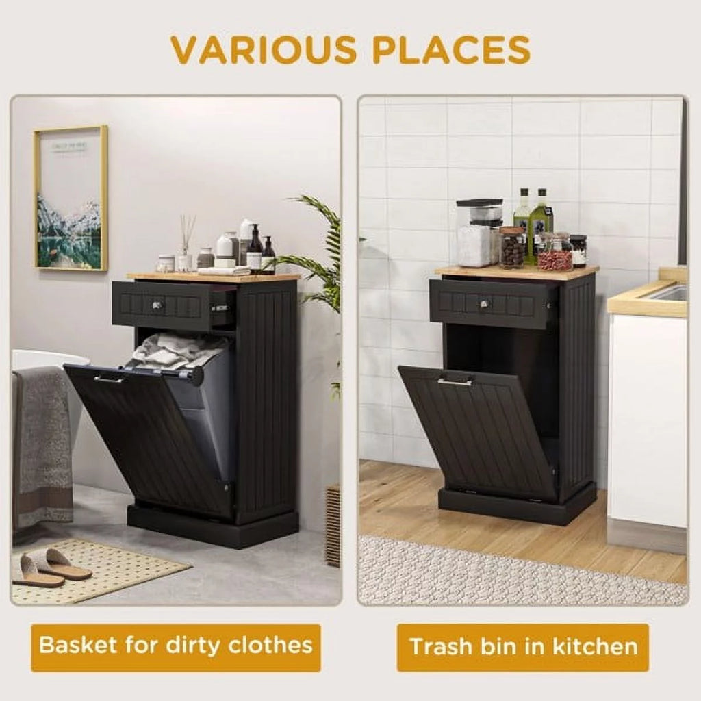 Tilt Out Trash Bin Cabinet with Drawer, Freestanding Laundry Sorter M867356