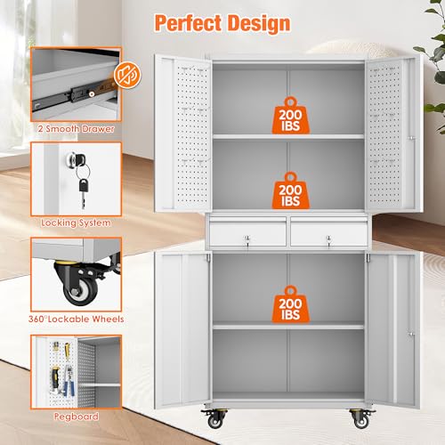 Metal Storage Cabinet with Wheels, 73" H, Locking Doors and Adjustable Shelves C8462