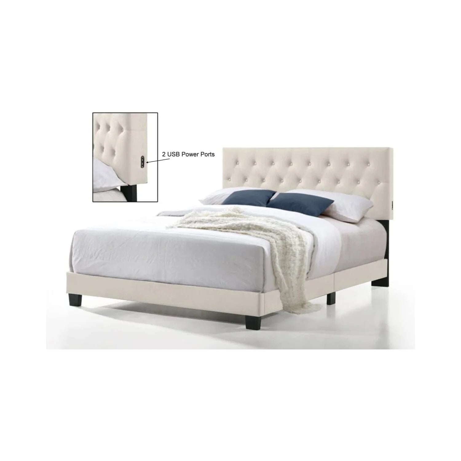 Linen Bed with USB Power Connection, Beige - Twin Size U219943