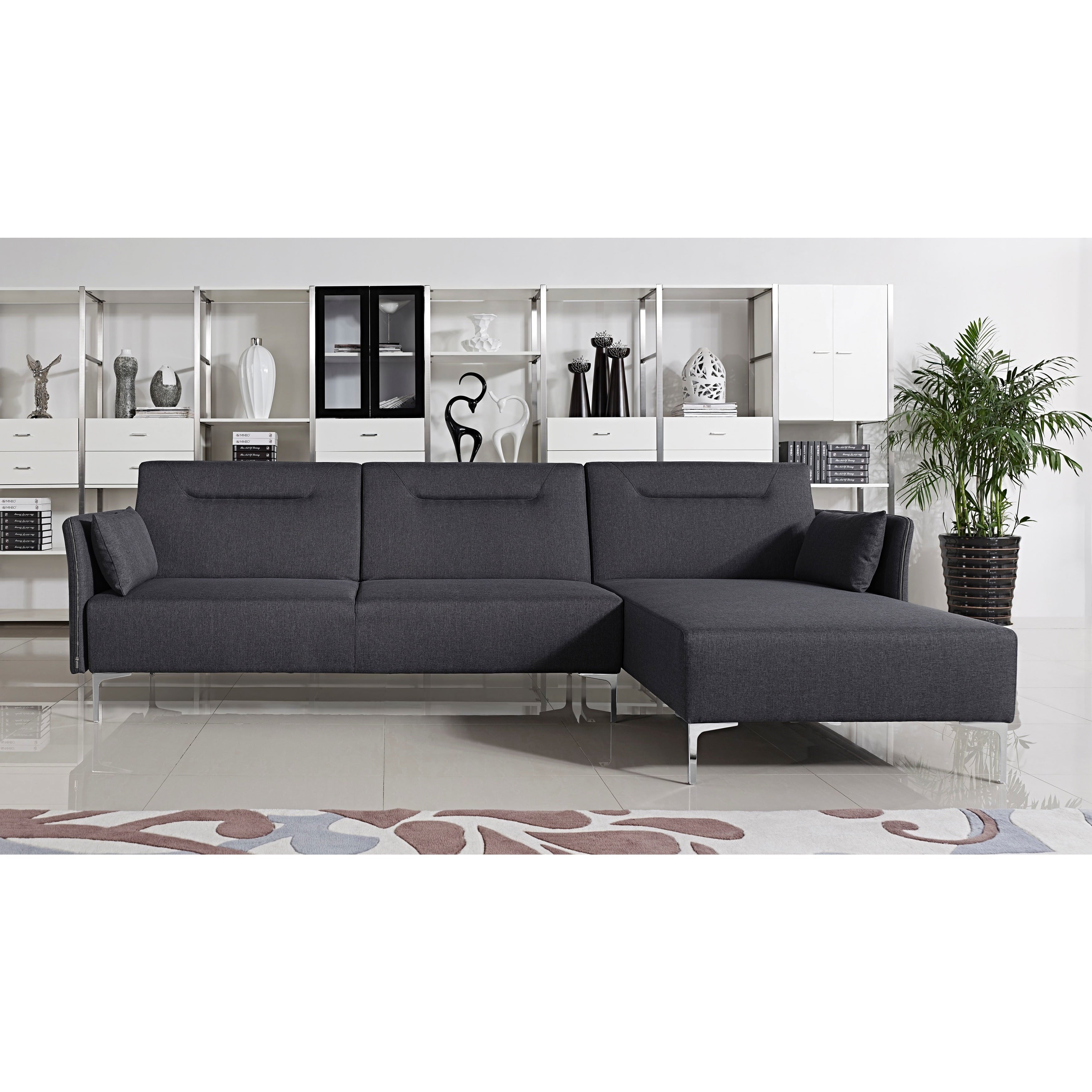 Contemporary Fabric Upholstered Right Facing 2-Piece Sleeper Sectional Sofa, Black H59358