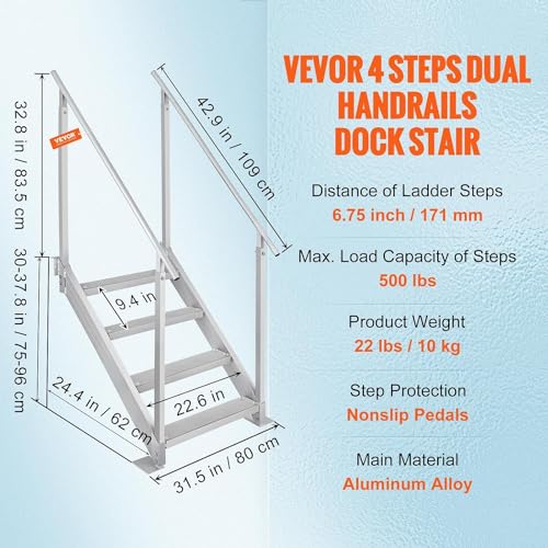 Aluminum 4-Step Dock Ladder, Adjustable Height, Non-Slip Pedals W147