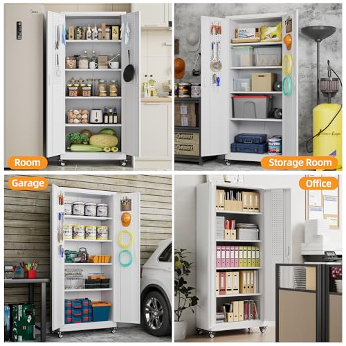 Metal Storage Cabinet with Wheels, 73" H, Locking Doors and Adjustable Shelves C8462