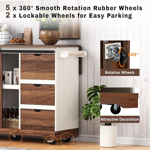Farmhouse Kitchen Island with Drop Leaf, Barn Door and Wheels O34026