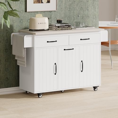 Farmhouse Kitchen Island with Drop Leaf, Barn Door and Wheels O34026