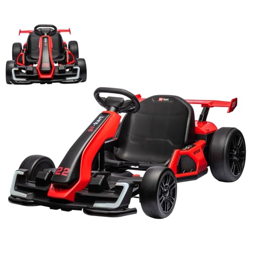 24V Electric Go Kart for Kids，Powerful Drift Kart with Adjustable Seat, 2x150 Motor, 8.5 Mph Speed, 4 Speed Modes, Led Lights, Music, and Honking Horn for Ages 6-12,Red