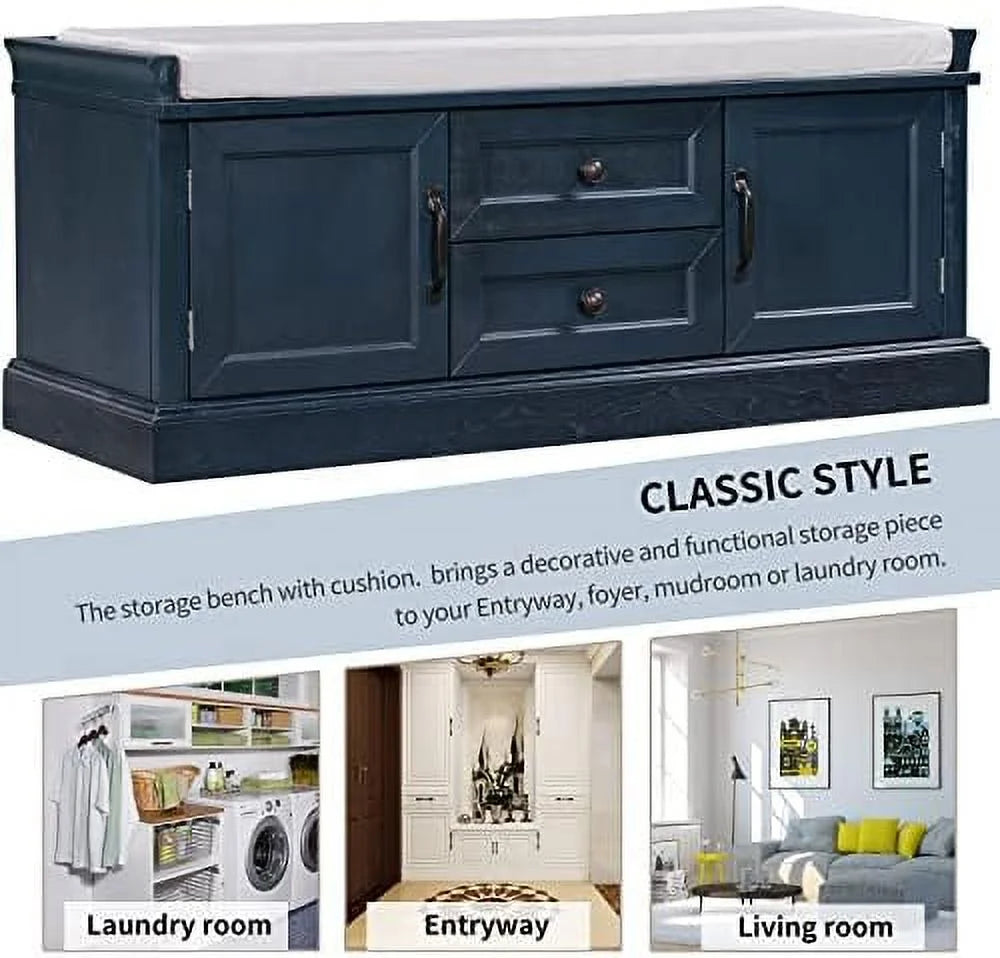 Solid Wood Shoe Bench with 3 Shutter Doors and Removable Cushion Q53541