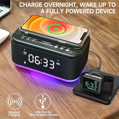 Wireless Charger Alarm Clock Speaker with Dimmable Light D64277
