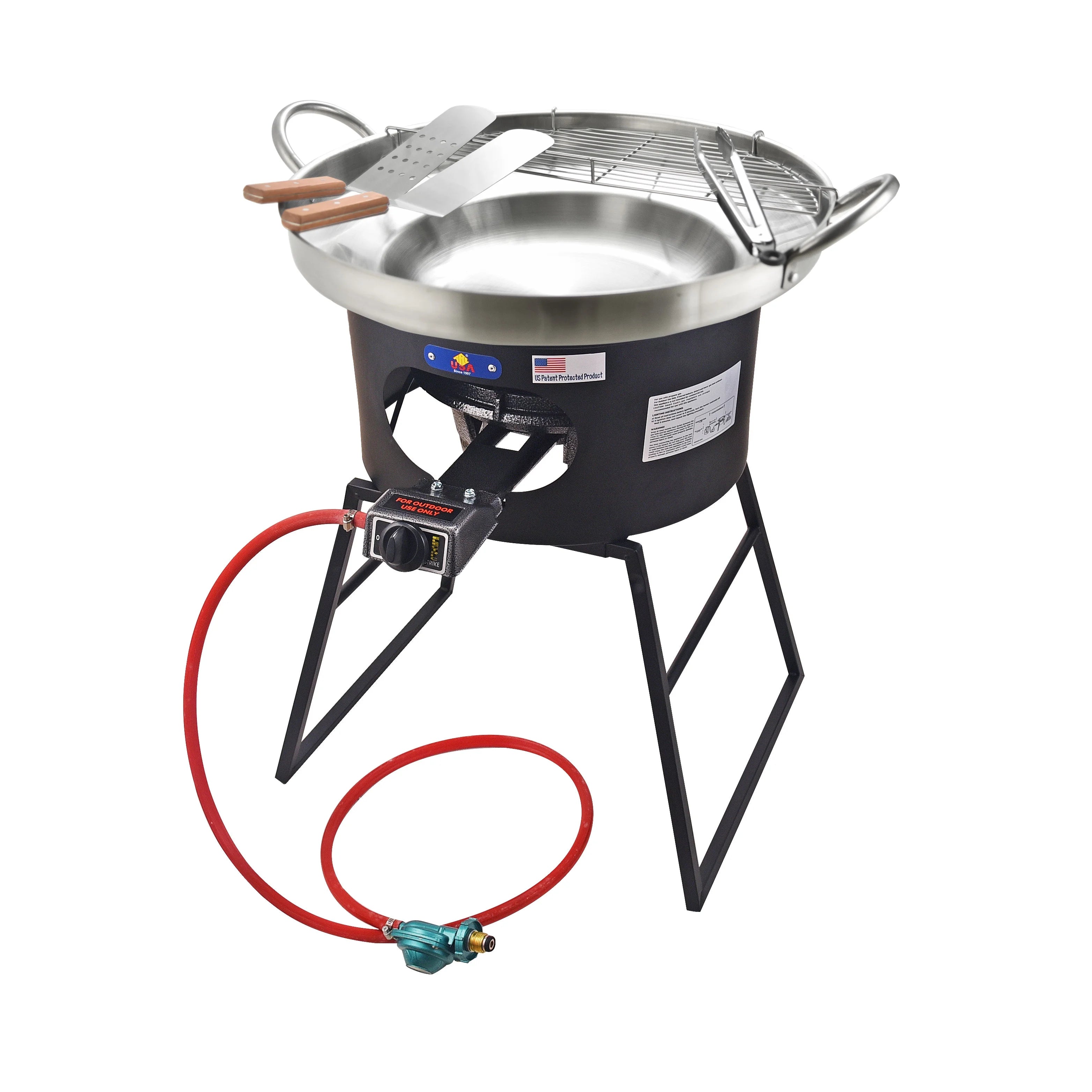 Heavy Duty Stainless Steel Concave Comal Set with Cast Iron Propane Burner Stove and Stand T6900