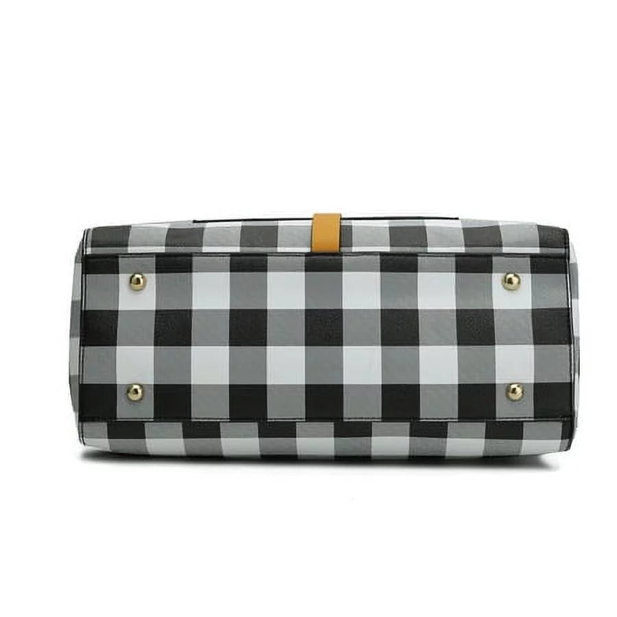 Vegan Leather Checkered Satchel Bag with Wallet 2 Piece Set Y922069