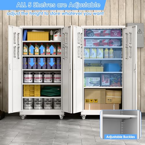 Garage Storage Cabinet with Wheels, 72" H, 2 Doors, 4 Adjustable Shelves, Black Q104