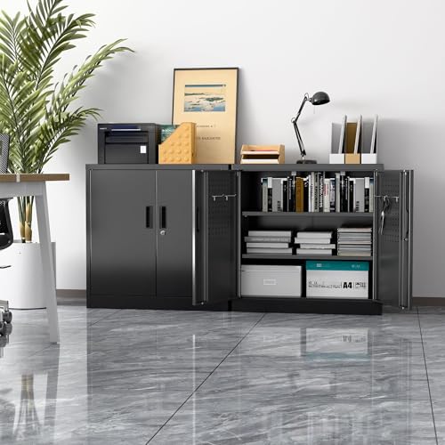 Garage Storage Cabinet with Wheels, 72" H, 2 Doors, 4 Adjustable Shelves, Black Q104
