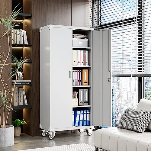 Garage Storage Cabinet with Wheels, 72" H, 2 Doors, 4 Adjustable Shelves, Black Q104