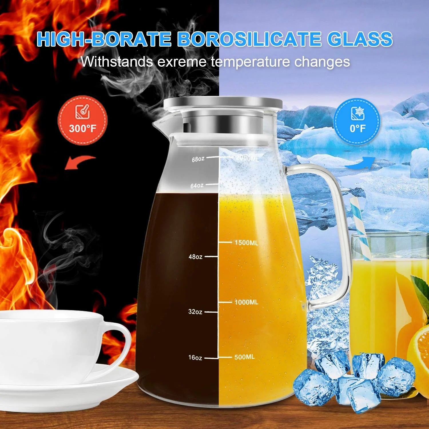 Glass Pitcher with Lid, 68oz, Stainless Steel R1296
