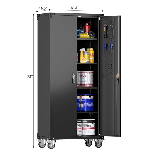 Metal Storage Cabinet with Wheels, 73" H, Locking Doors and Adjustable Shelves C8462