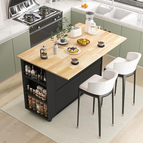 Movable Kitchen Island with Drop Leaf and Power Outlet J472