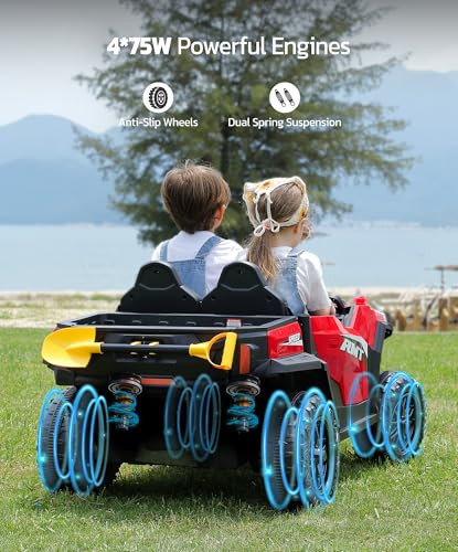 24V Ride on Car 2 Seater with Sun Shade, Dump Bed & Shovel, 4WD Electric Truck for Kids F44284