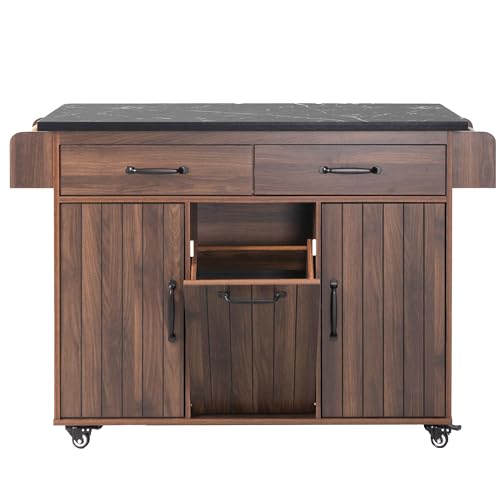 Farmhouse Kitchen Island with Drop Leaf, Barn Door and Wheels O34026