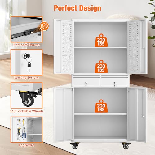 Metal Storage Cabinet with Wheels, 73" H, Locking Doors and Adjustable Shelves C8462