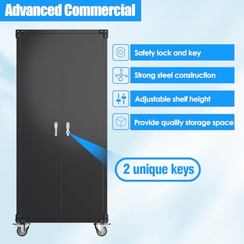 Metal Storage Cabinet with Wheels, 73" H, Locking Doors and Adjustable Shelves C8462