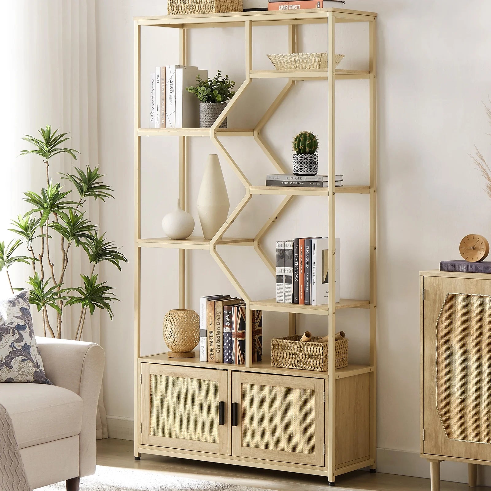 Rattan Bookshelf 7 Tiers with Storage Cabinet and Doors T2268