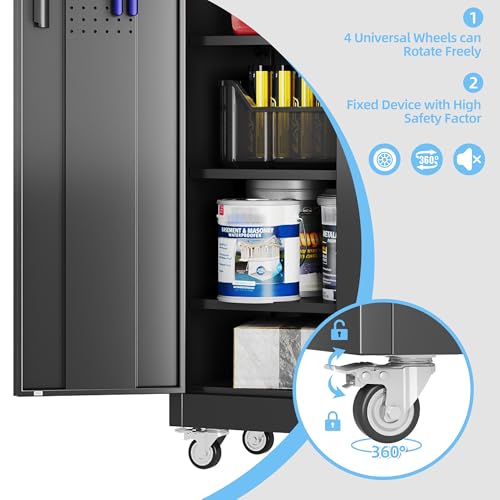 Garage Storage Cabinet with Wheels, 72" H, 2 Doors, 4 Adjustable Shelves, Black Q104