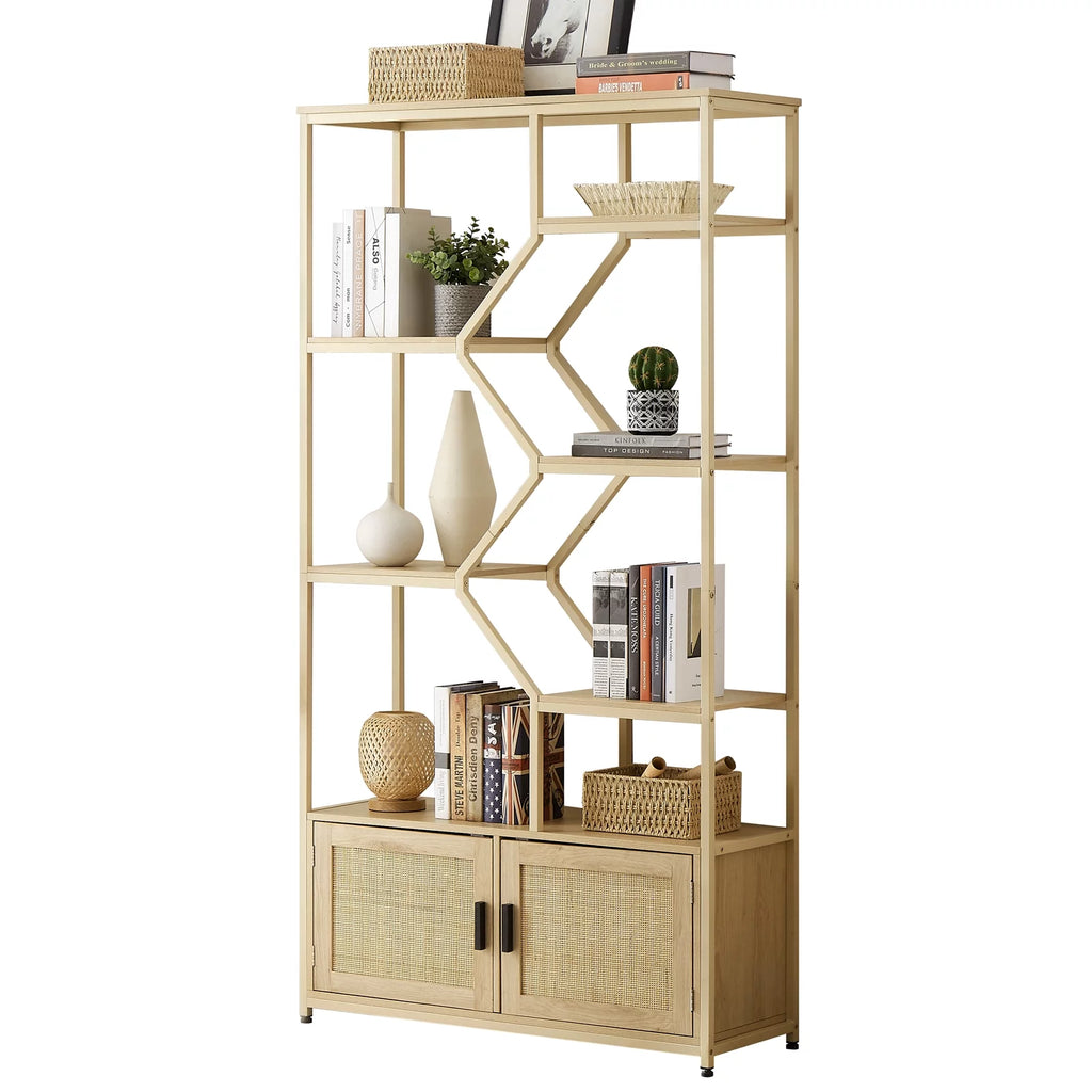 Rattan Bookshelf 7 Tiers with Storage Cabinet and Doors T2268
