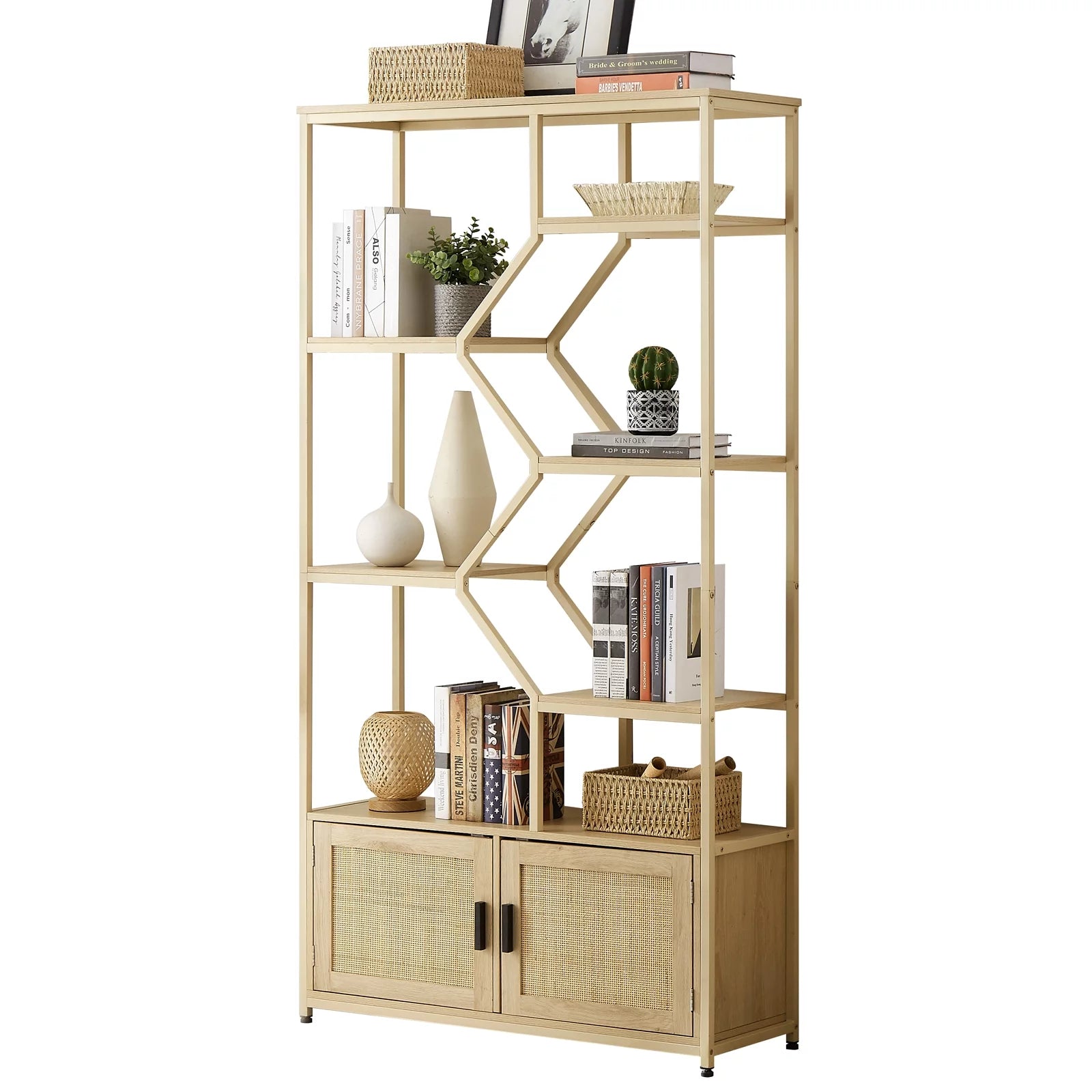 Rattan Bookshelf 7 Tiers with Storage Cabinet and Doors T2268