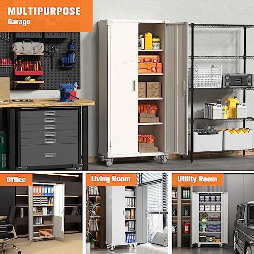 Garage Storage Cabinet with Wheels, 72" H, 2 Doors, 4 Adjustable Shelves, Black Q104