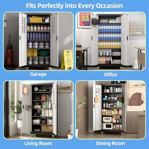 Garage Storage Cabinet with Wheels, 72" H, 2 Doors, 4 Adjustable Shelves, Black Q104