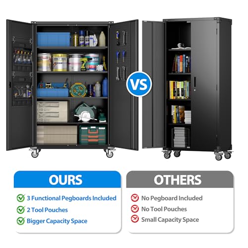 Garage Storage Cabinet with Wheels, 72" H, 2 Doors, 4 Adjustable Shelves, Black Q104