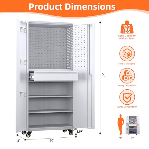 Metal Storage Cabinet with Wheels, 73" H, Locking Doors and Adjustable Shelves C8462