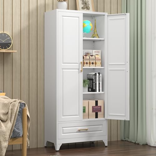 Tall Kitchen Storage Cabinet with Doors and Adjustable Shelves, Black Freestanding Cupboard X34021