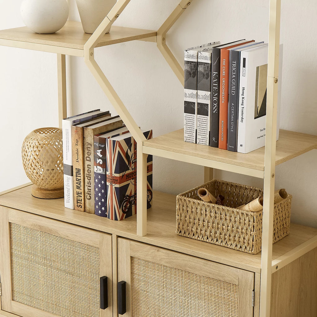 Rattan Bookshelf 7 Tiers with Storage Cabinet and Doors T2268