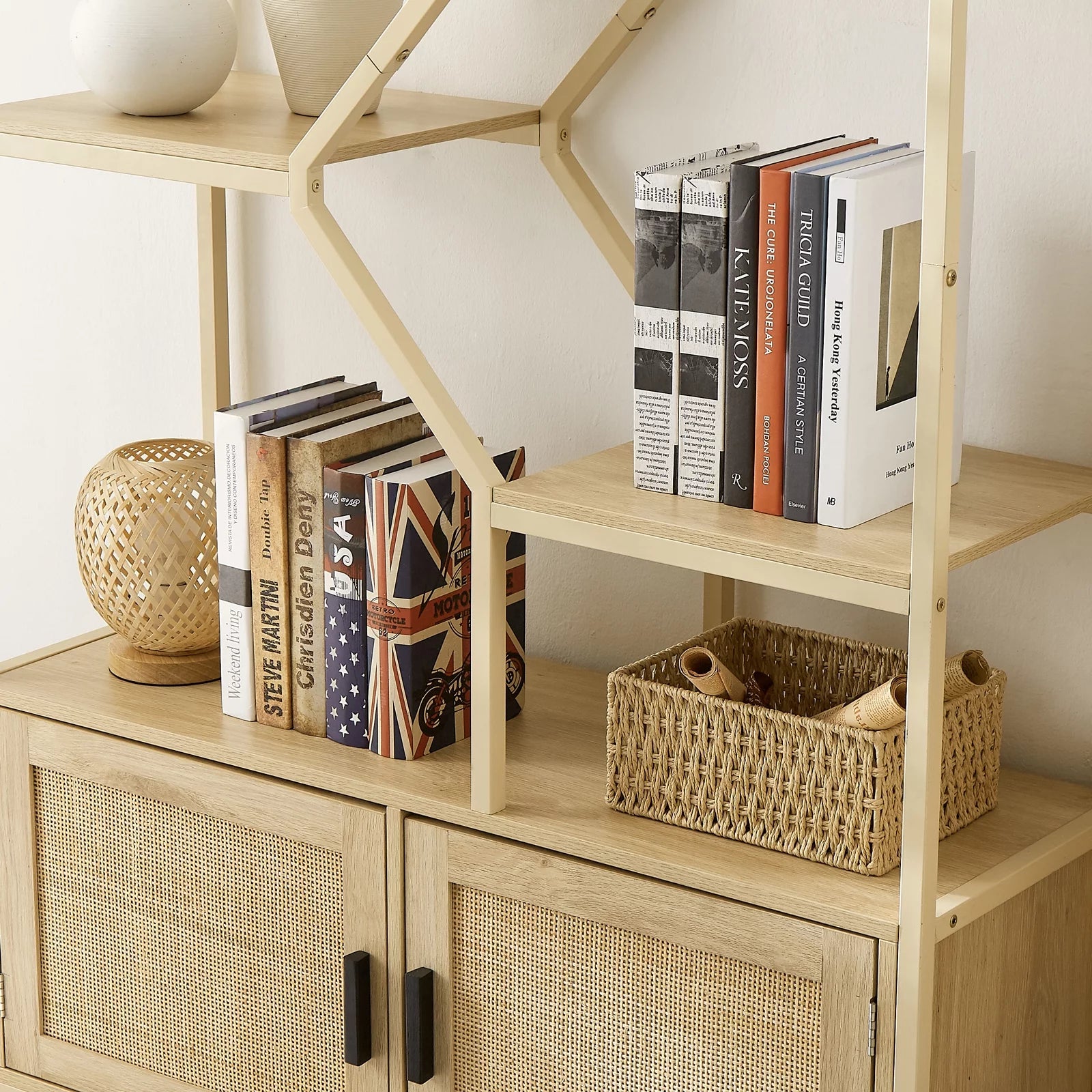Rattan Bookshelf 7 Tiers with Storage Cabinet and Doors T2268