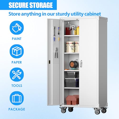 Metal Storage Cabinet with Wheels, 73" H, Locking Doors and Adjustable Shelves C8462