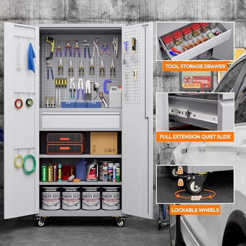 Metal Storage Cabinet with Wheels, 73" H, Locking Doors and Adjustable Shelves C8462