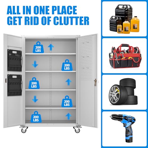 Garage Storage Cabinet with Wheels, 72" H, 2 Doors, 4 Adjustable Shelves, Black Q104