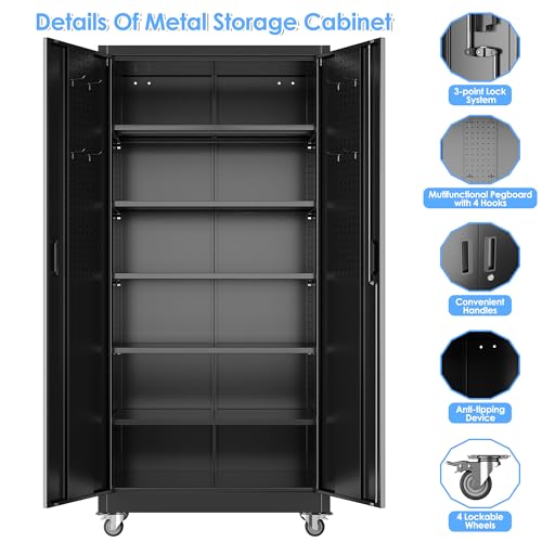 Garage Storage Cabinet with Wheels, 72" H, 2 Doors, 4 Adjustable Shelves, Black Q104