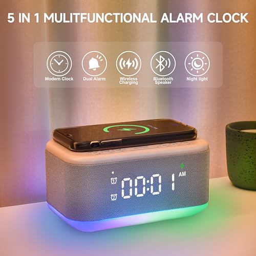 Wireless Charger Alarm Clock Speaker with Dimmable Light D64277
