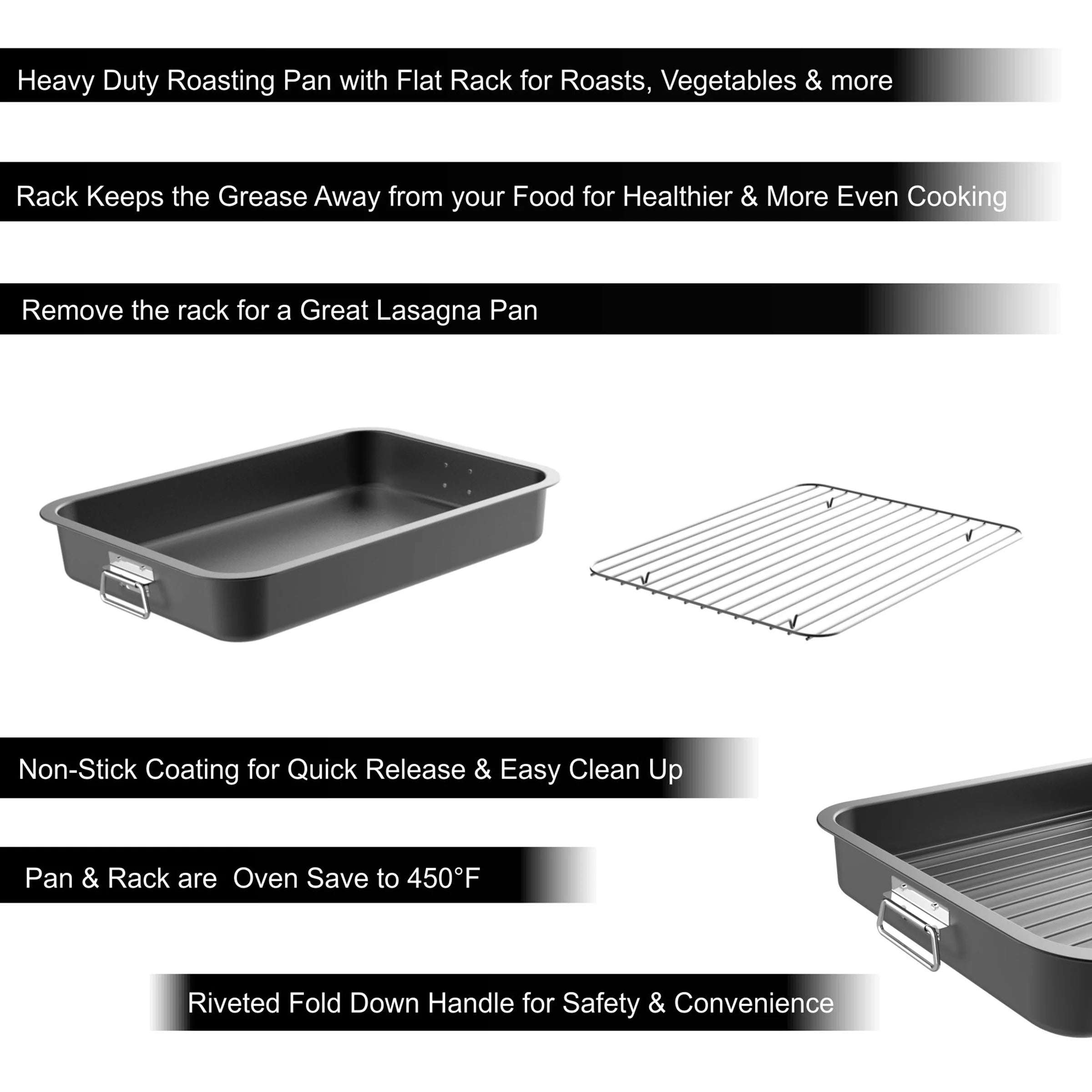Nonstick Oven Roasting Pan with Flat Rack and Tray H507