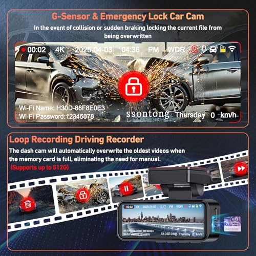 4K Dash Cam Front and Rear with WiFi GPS, 3.2" Screen, Night Vision O3771