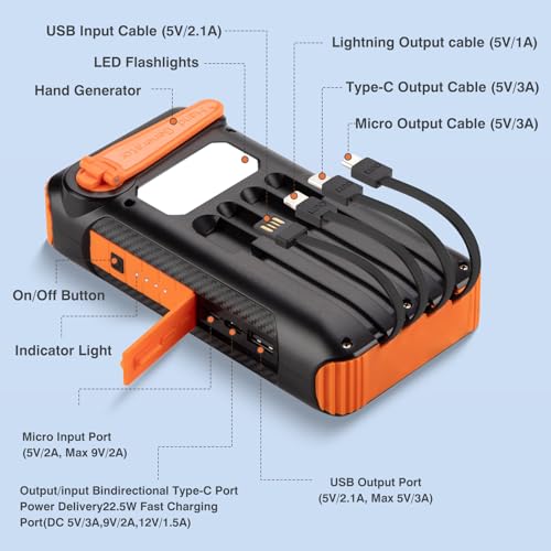 Solar Power Bank 20000mAh with Hand Crank, 4 Cables, and LED Flashlight R70939