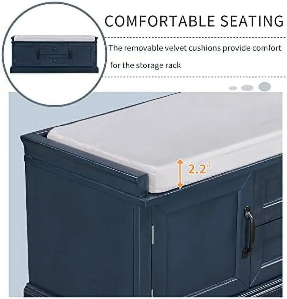 Solid Wood Shoe Bench with 3 Shutter Doors and Removable Cushion Q53541