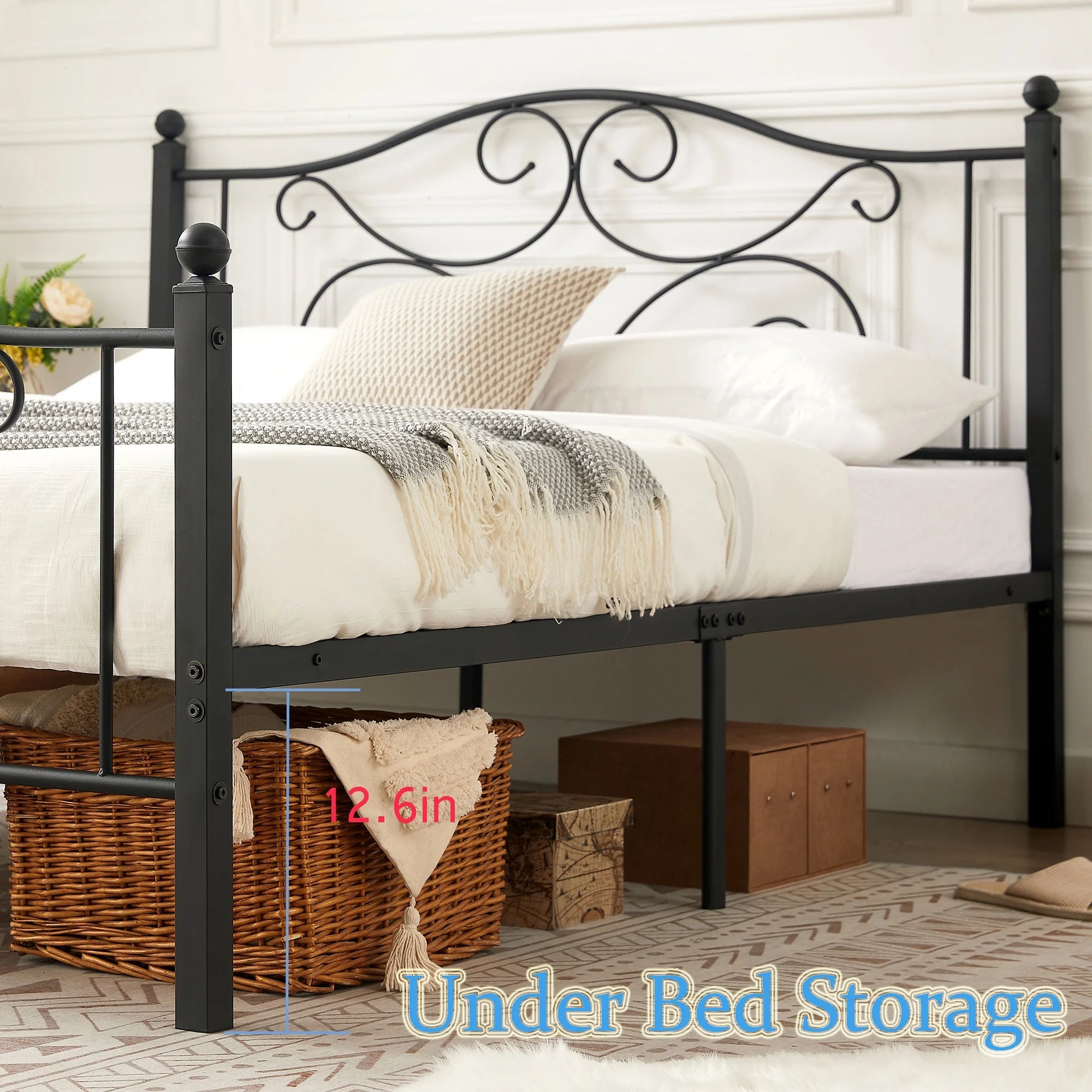 Metal Platform Bed Frame with Victorian Headboard, Full Size, Black C909