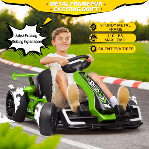 24V Kids Go Kart 300W Electric Drift Kart Outdoor Race Toy with 2X150W Motor, 7AH Battery, Green R238