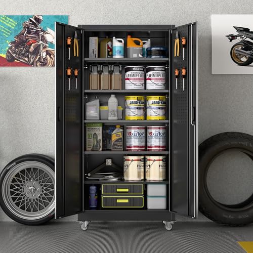 Metal Storage Cabinet with Wheels, 73" H, Locking Doors and Adjustable Shelves C8462