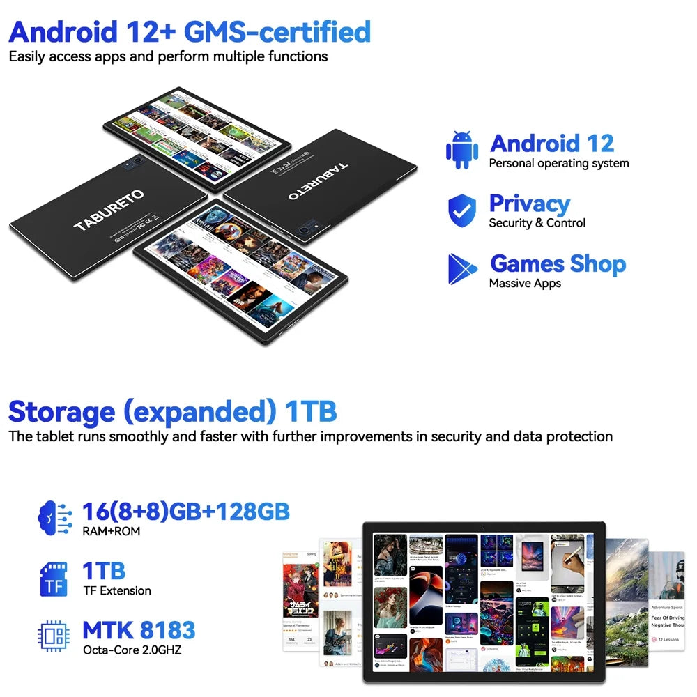 10.1 inch Android 12 Tablet, 16GB RAM 128GB ROM, 8MP+13MP Camera A354