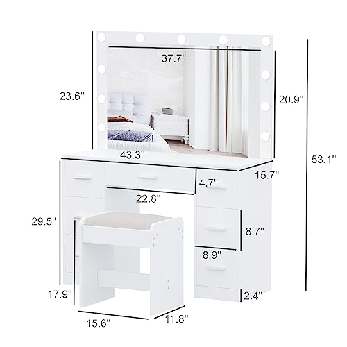 Vanity Desk with Stool, Lighted Mirror, 3 Color Modes, Adjustable Brightness, Drawers, White S703720